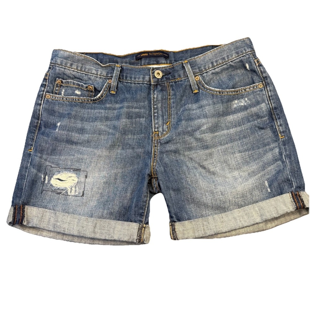 Levi's Boyfriend‎ Women's High Rise Cuffed Blue Denim Shorts Distressed Size 8
